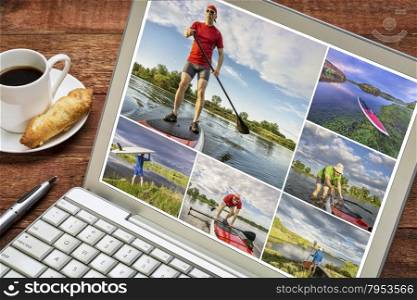 reviewing pictures of stand up paddling featuring a 60 year old male on a laptop with a cup of coffee. All screen pictures copyright by the photographer with the same model (self).
