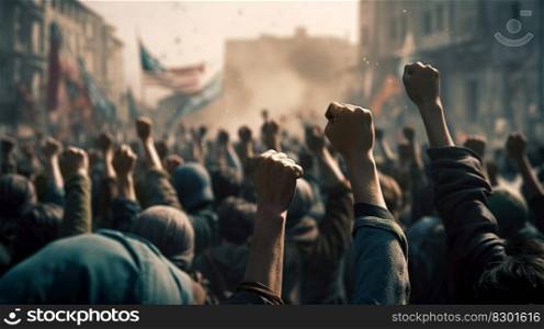 Revolutionary Voices  Protesting Crowd with Raised Fists on City Street. Generative ai