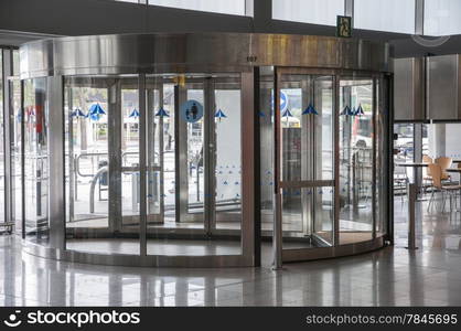 revolving door at the entrance of the hall