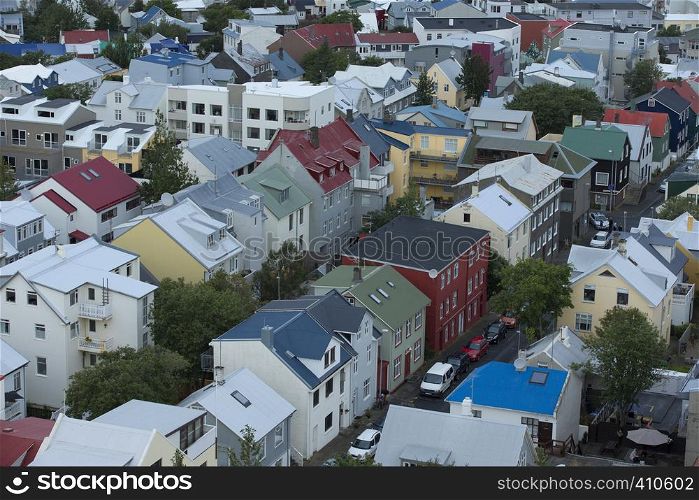 Reykjavik, capital city of Iceland. Tipical icelandic houses upper view.