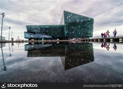 Reykjavik, Iceland - July 3, 2018 : Beautiful Harpa building in Reykjavik, Iceland. Harpa is a complex with concert hall, theater and conference center located in center of Reykjavik, Iceland.