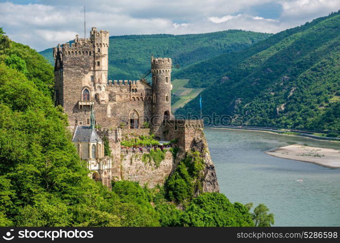 Rheinstein Castle at Rhine Valley (Rhine Gorge) in Germany. Built in 1316 and rebuilt in 1825-1844.