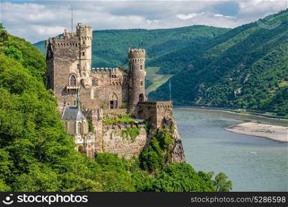 Rheinstein Castle at Rhine Valley (Rhine Gorge) in Germany. Built in 1316 and rebuilt in 1825-1844.