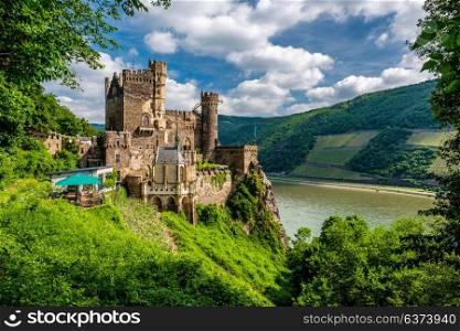 Rheinstein Castle at Rhine Valley (Rhine Gorge) in Germany. Built in 1316 and rebuilt in 1825-1844.
