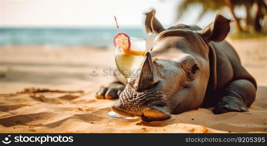 rhino is on summer vacation at seaside resort and relaxing on summer beach