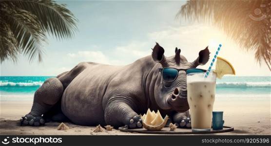 rhino is on summer vacation at seaside resort and relaxing on summer beach