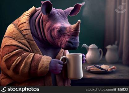 rhinoceros with a cup of coffee cartoon art illustration Generative AI.