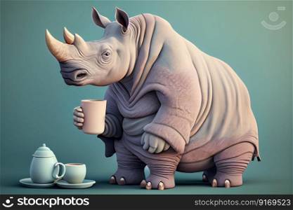 rhinoceros with a cup of coffee cartoon art illustration Generative AI.
