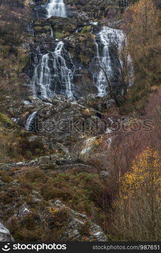 Rhiwargor waterfall on the river Eiddew. Lake Vyrynwy, Powys, Wales UK, portrait