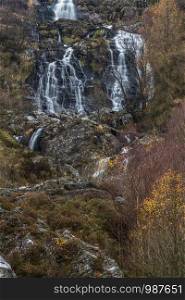 Rhiwargor waterfall on the river Eiddew. Lake Vyrynwy, Powys, Wales UK, portrait