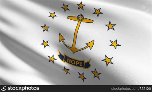 Rhode Island state flag in The United States of America, USA, blowing in the wind isolated. Official patriotic abstract design. 3D rendering illustration of waving sign symbol.
