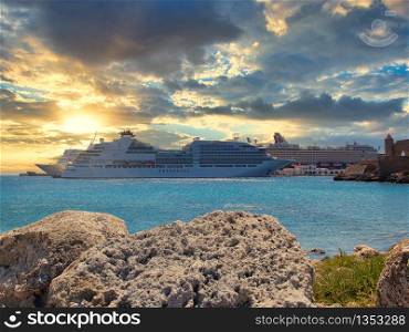 Rhodes, Greece - July 03, 2019 - Cruise ships in the port of Rhodes