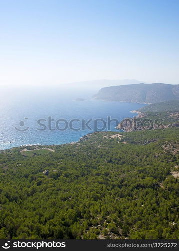 Rhodes island coastline viewed from Monolithos castle. Aegean sea. Greece.