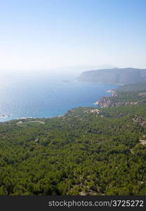 Rhodes island coastline viewed from Monolithos castle. Aegean sea. Greece.