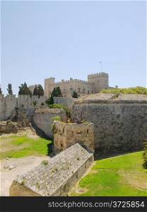Rhodes old town walls with Grand Master&acute;s Palace in the background, Greece