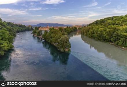 Rhone and Arve river confluence by sunset, Geneva, Switzerland, HDR. Rhone and Arve river confluence, Geneva, Switzerland, HDR
