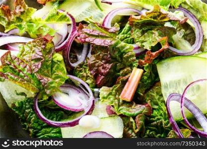 Rhubarb salad.Vegetarian spring salad.Vegetables salad in salad bowl.Food background. Spring salad background
