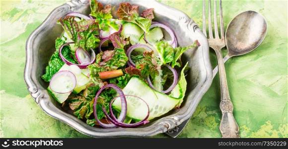 Rhubarb salad.Vegetarian spring salad.Vegetables salad in salad bowl.Healthy food. Spring vegetable salad