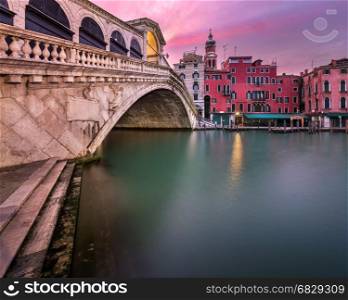 Rialto Bridge and San Bartolomeo Church at Sunrise, Venice, Italy