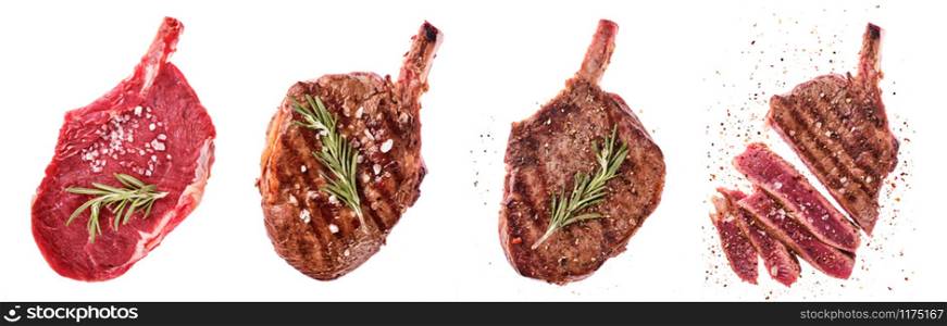 Rib eye steak. Entrecote on the bone. Raw, fried and sliced steaks.