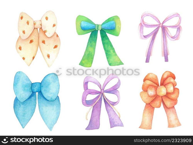 Ribbon bow watercolor set. Hand drawn watercolor illustrations.