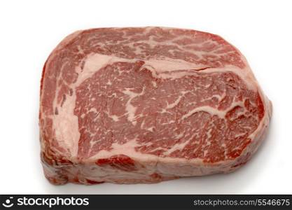 Ribeye steak from Australian Wagyu cattle. This is fram a Japanese breed of cattle which are famed for heavy marbling and high proportion of unsaturated fats, which make it low in cholesterol. It is a gourmet item and is one of the most expensive kinds of beef.