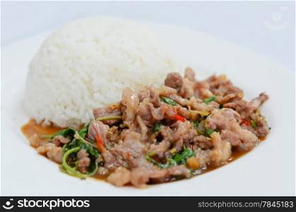 rice and pork fried with chili pepper and sweet basil served with spicy sauce