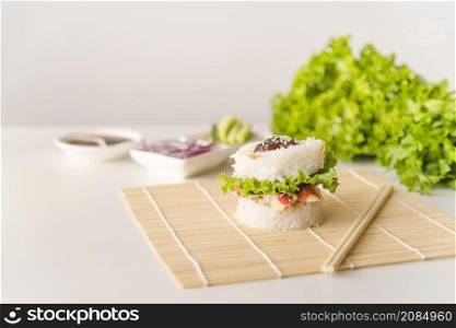 rice ball with lettuce seafood