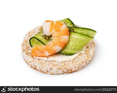 Rice cakes with cream cheese, shrimp and cucumber. isolated on white background. Rice cakes with cream cheese, shrimp and cucumber.