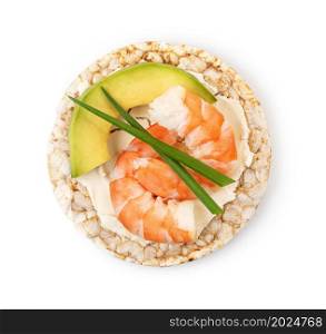 Rice cakes with cream cheese, shrimp, avocado and parsley top view isolated on white background. Rice cakes with cream cheese, shrimp, avocado and parsley