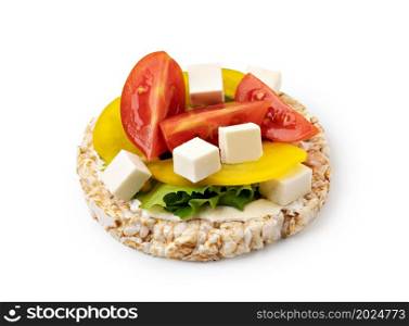 Rice cakes with cream cheese, tomato and mozzarella. isolated on white background. Rice cakes with cream cheese, tomato and mozzarella.
