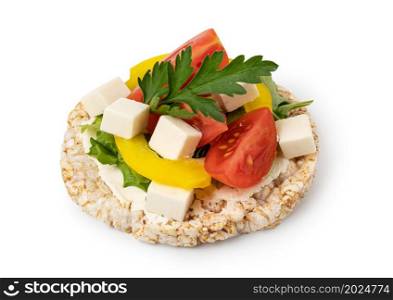Rice cakes with cream cheese, tomato and mozzarella. isolated on white background. Rice cakes with cream cheese, tomato and mozzarella.