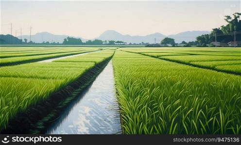 Rice field in the rays of the evening sun, the cultivation of natural products. Sky background, horizon. AI generated.. Rice field in the rays of the evening sun, the cultivation of natural products. AI generated.