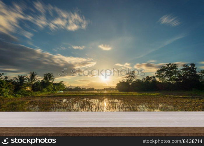 Rice field sunset and Empty wood table for product display and montage.