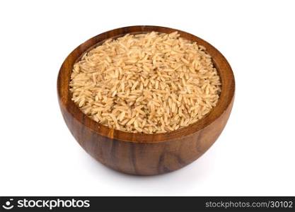 Rice in wooden bowl on white background