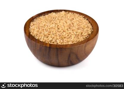 Rice in wooden bowl on white background