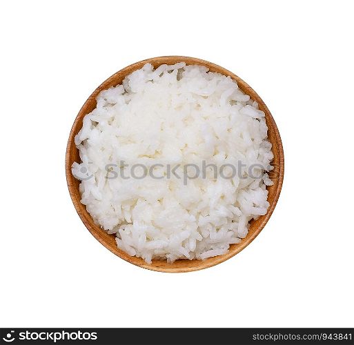 rice in wooden bowl on white background
