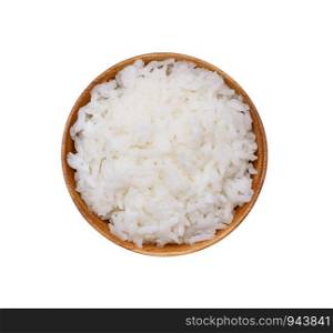 rice in wooden bowl on white background