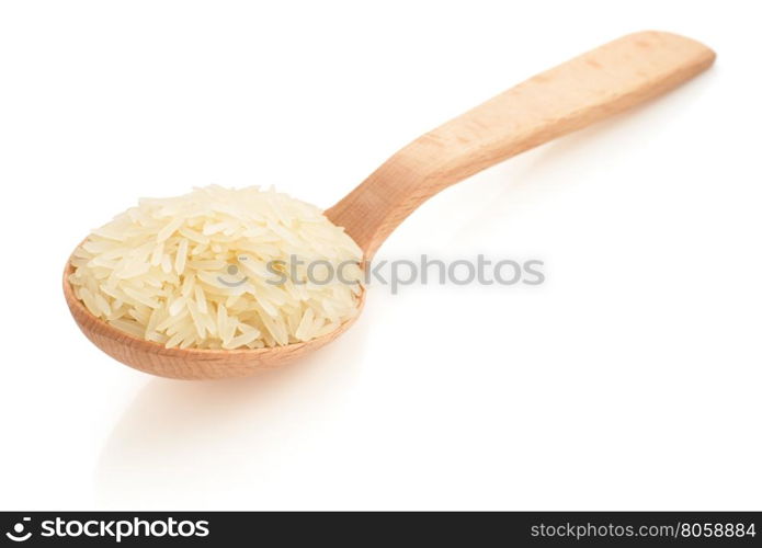 rice in wooden spoon on white background