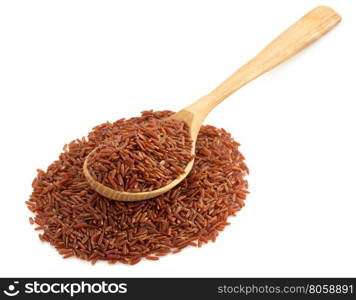 rice in wooden spoon on white background