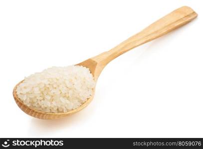 rice in wooden spoon on white background