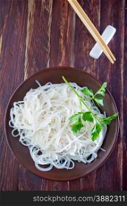 rice noodles on plate and on a table