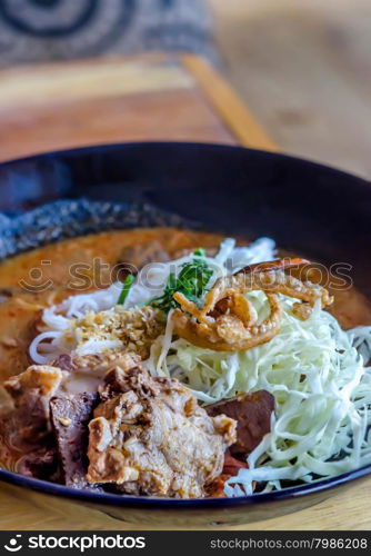 Rice noodles with spicy pork sauce , A famous food of Northern of Thailand