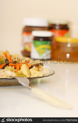 rice on plate, Chinese food, Vegetables, table.