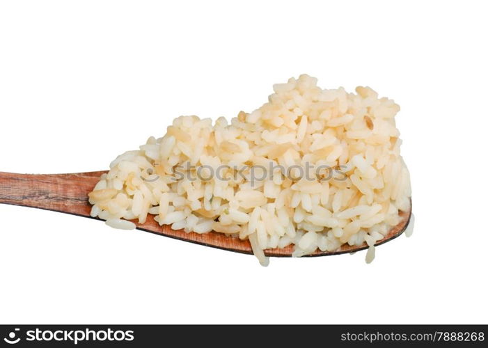 rice on wood spoon, white background