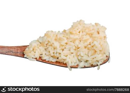 rice on wood spoon, white background