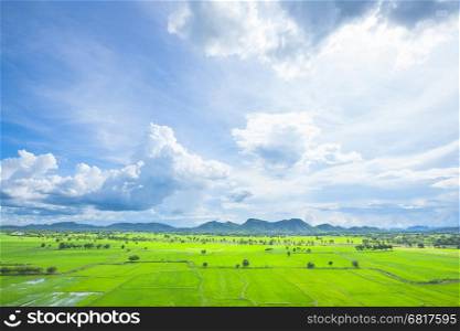 Rice paddy fields and mountains behind the clouds covered the sky.&#xA;