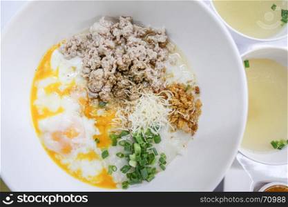 rice porridge with mince pork and soft boiled egg