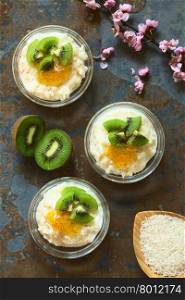 Rice pudding with kiwi pieces, orange jam and cinnamon in small glass bowls, photographed overhead on slate with natural light