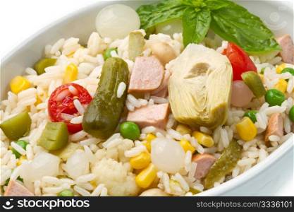 rice salad with tomatoes and pickles